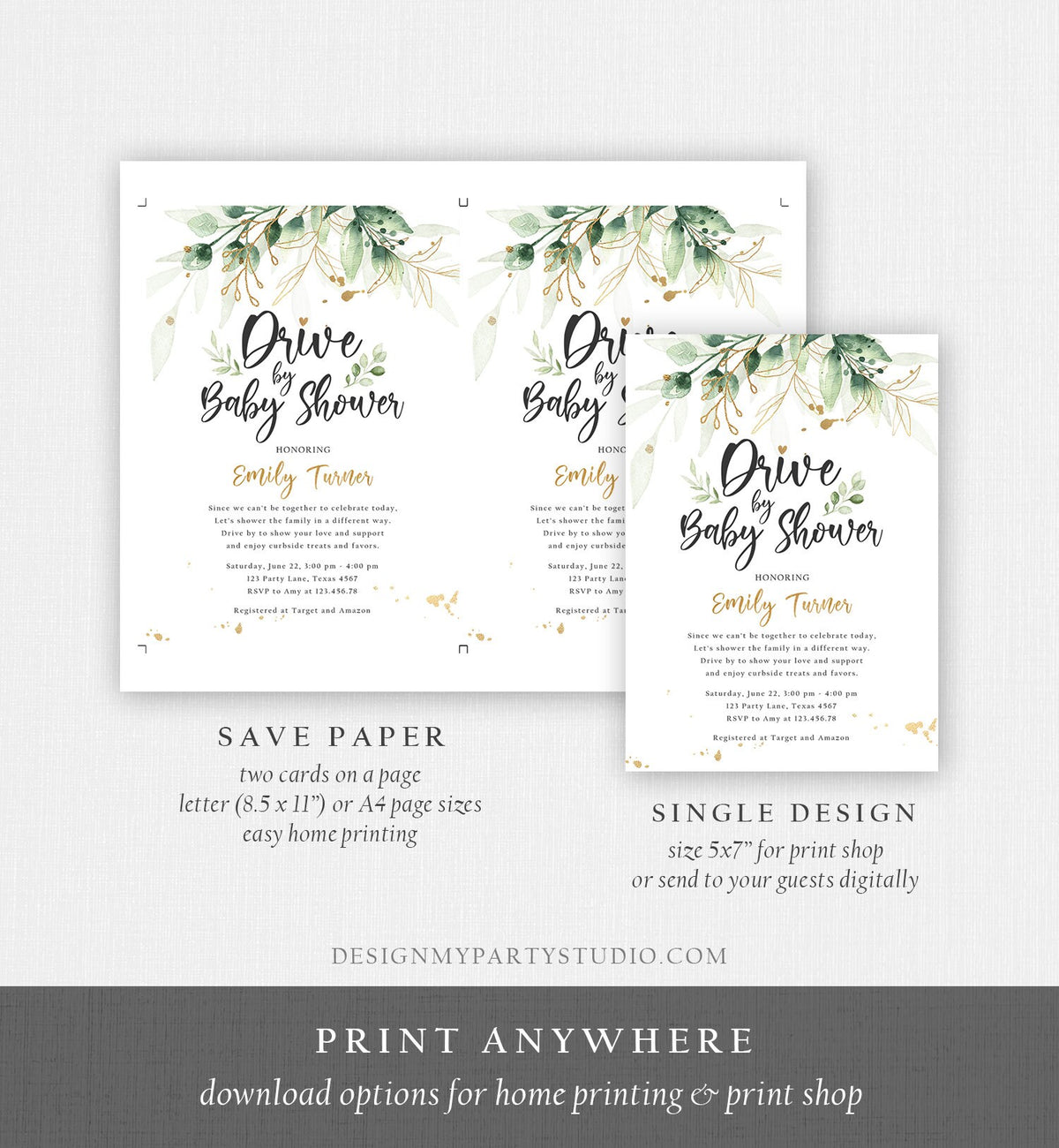 Editable Drive By Baby Shower Invitation Drive Through Social Distancing Gold Green Floral Greenery Couples Shower Green Corjl Template 0168