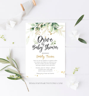 Editable Drive By Baby Shower Invitation Drive Through Social Distancing Gold Green Floral Greenery Couples Shower Green Corjl Template 0168