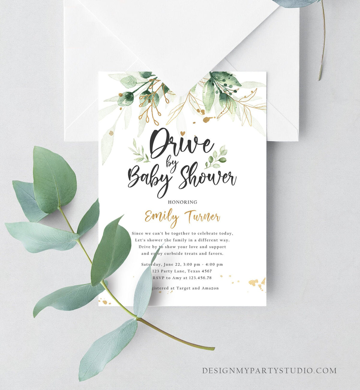 Editable Drive By Baby Shower Invitation Drive Through Social Distancing Gold Green Floral Greenery Couples Shower Green Corjl Template 0168