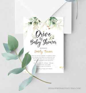 Editable Drive By Baby Shower Invitation Drive Through Social Distancing Gold Green Floral Greenery Couples Shower Green Corjl Template 0168