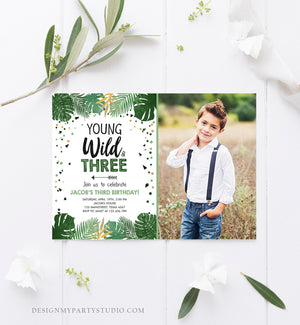 Editable Young Wild and Three Birthday Invitation Safari Tropical Party 3rd Third Birthday Boy Gold Download Printable Corjl Template 0332