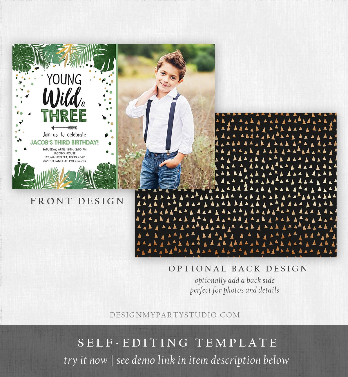 Editable Young Wild and Three Birthday Invitation Safari Tropical Party 3rd Third Birthday Boy Gold Download Printable Corjl Template 0332