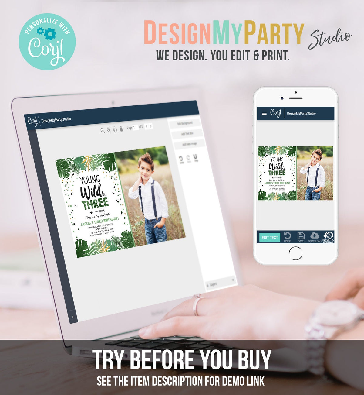 Editable Young Wild and Three Birthday Invitation Safari Tropical Party 3rd Third Birthday Boy Gold Download Printable Corjl Template 0332