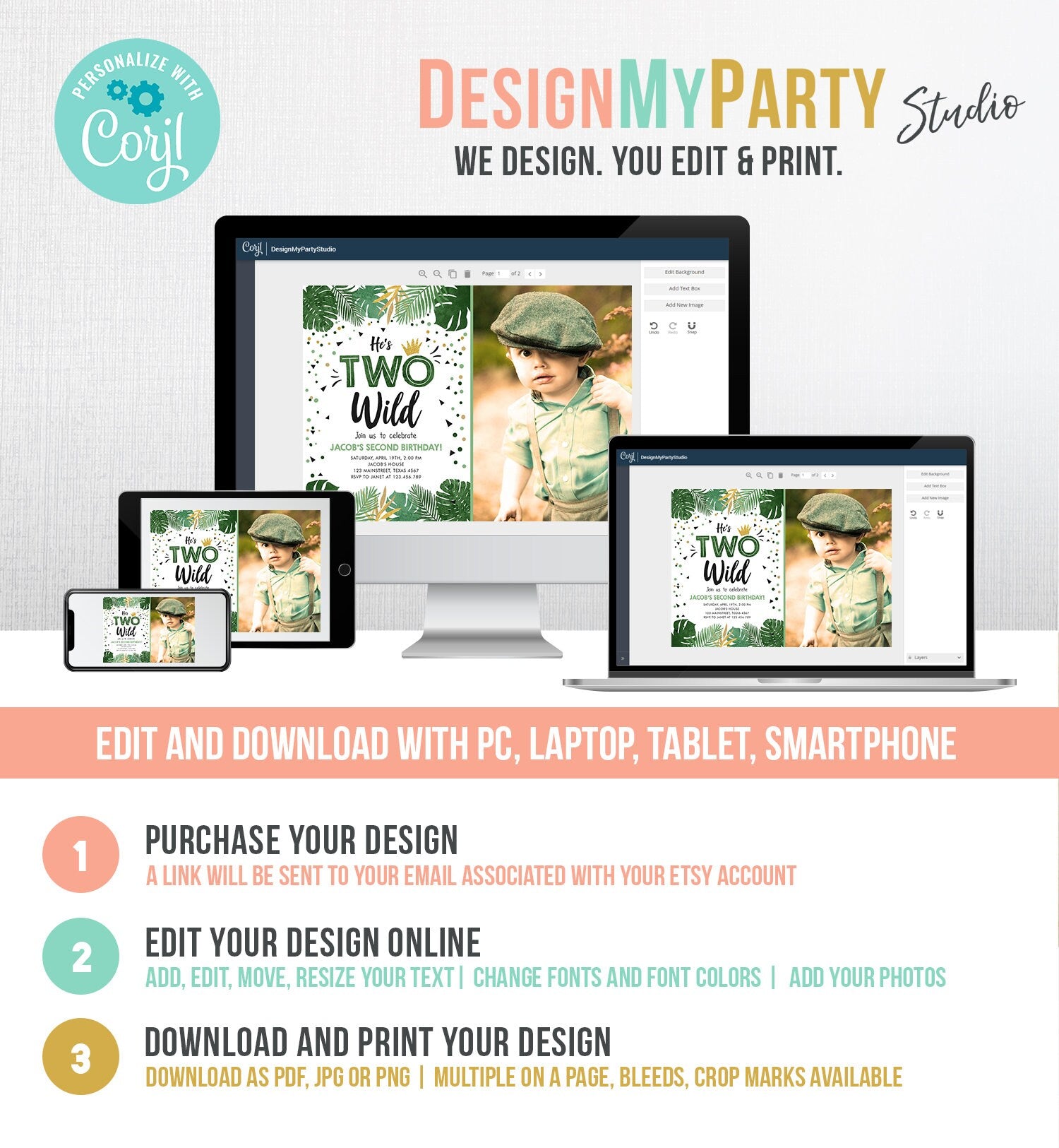 Editable Two Wild Birthday Invitation Boy Tropical Safari Boy Gold Jungle Second Birthday 2nd Download Corjl Template Printable 0332