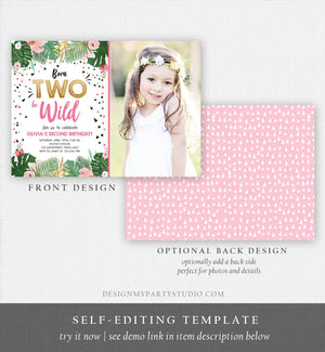 Editable Born Two be Wild Birthday Invitation Girl Tropical Safari Pink Gold Second Birthday 2nd Download Corjl Template Printable 0332