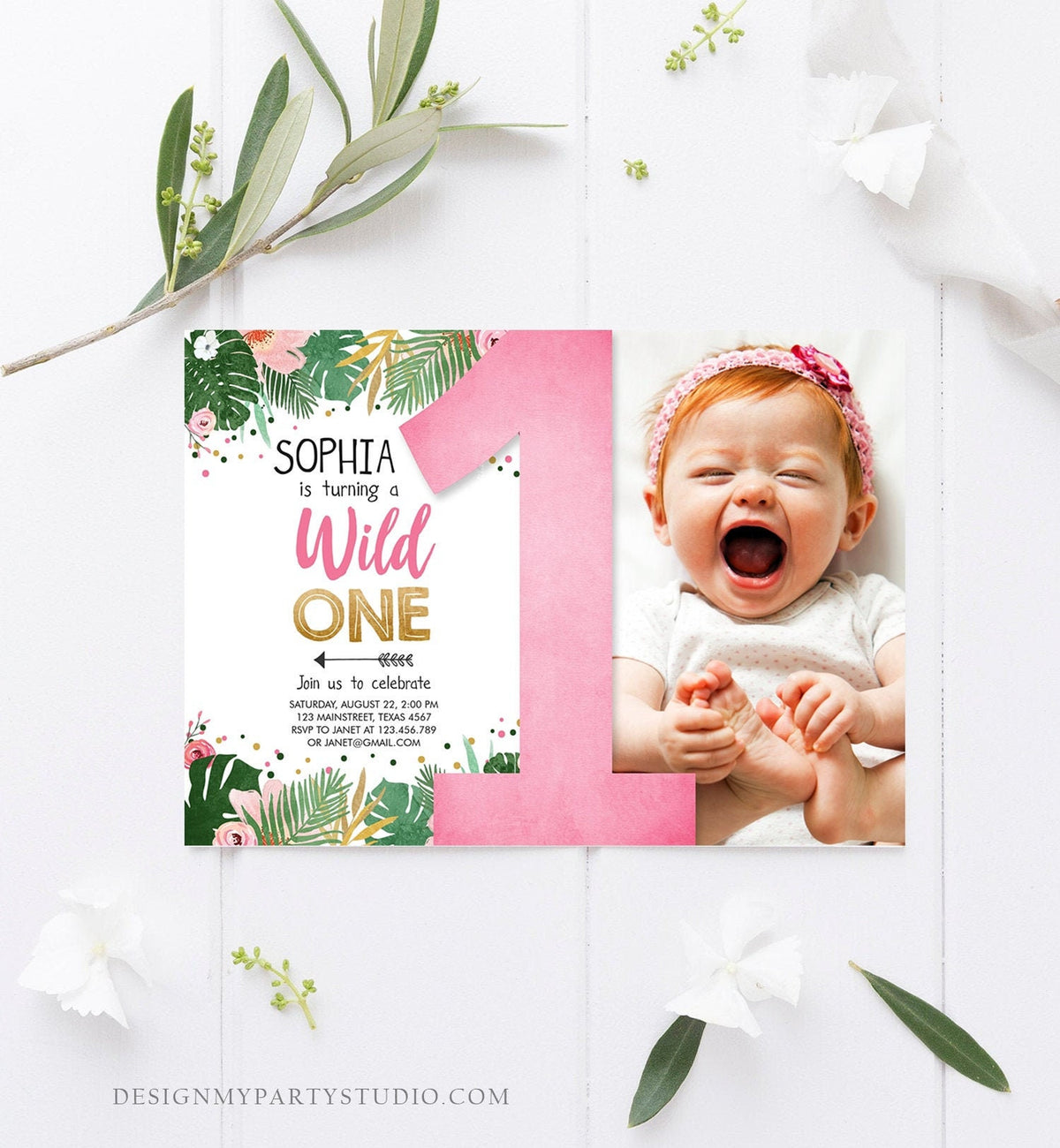 Editable Wild One Birthday Invitation Girl Tropical Safari Jungle Zoo Party Leaves Pink Gold First Birthday 1st Download Corjl Template 0332