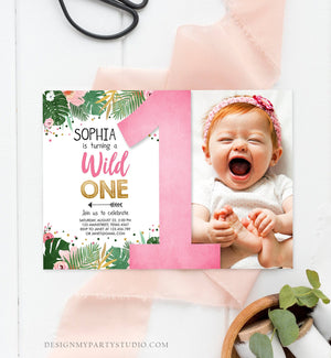 Editable Wild One Birthday Invitation Girl Tropical Safari Jungle Zoo Party Leaves Pink Gold First Birthday 1st Download Corjl Template 0332