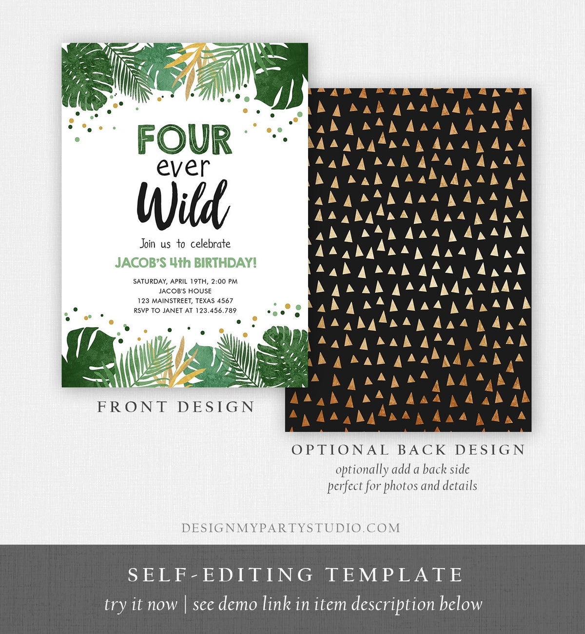 Editable Fourever Wild Birthday Invitation Tropical Safari Zoo Jungle Party Gold Boy Fourth Birthday 4th Four Ever Wild Corjl Template 0332