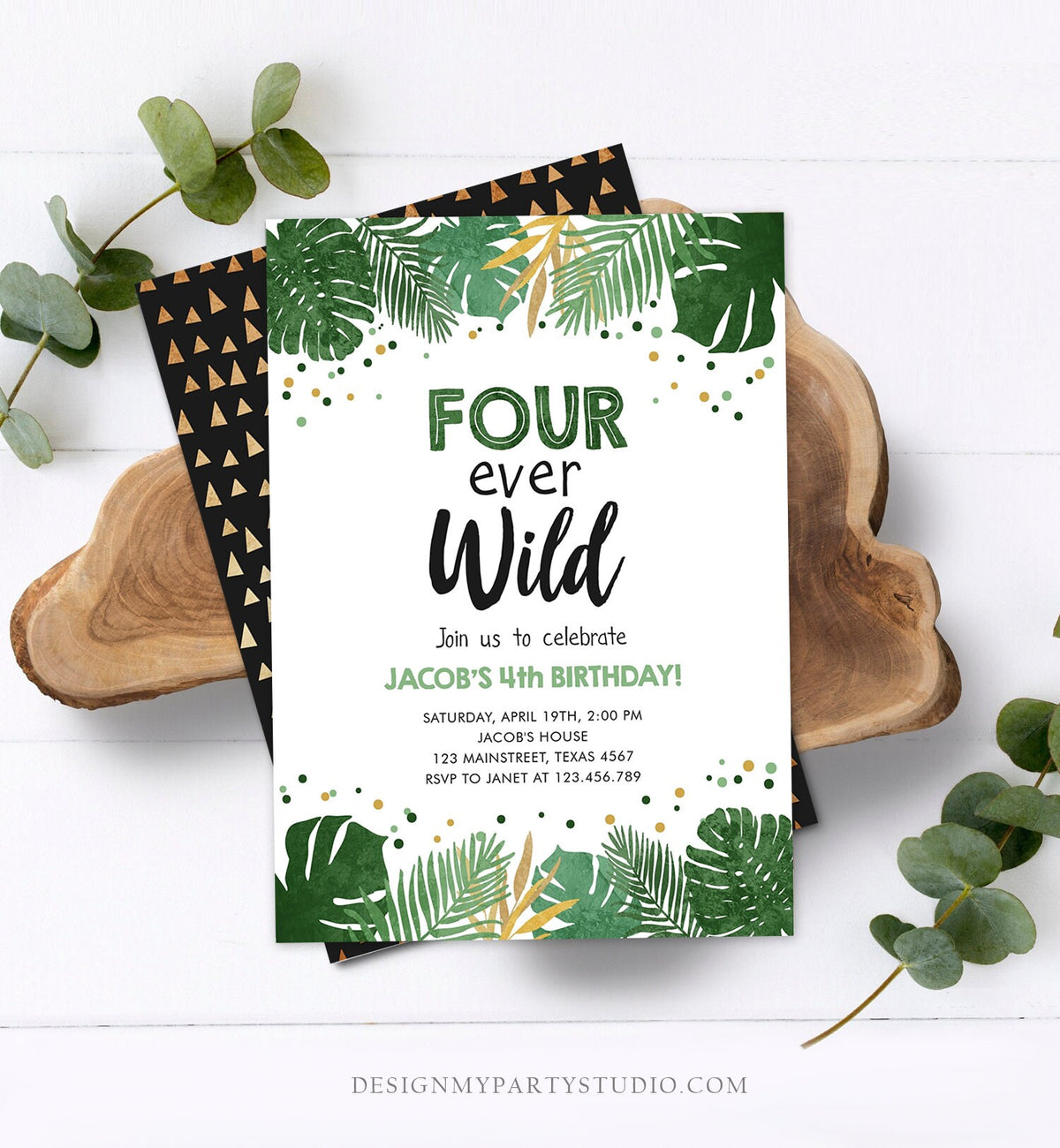 Editable Fourever Wild Birthday Invitation Tropical Safari Zoo Jungle Party Gold Boy Fourth Birthday 4th Four Ever Wild Corjl Template 0332