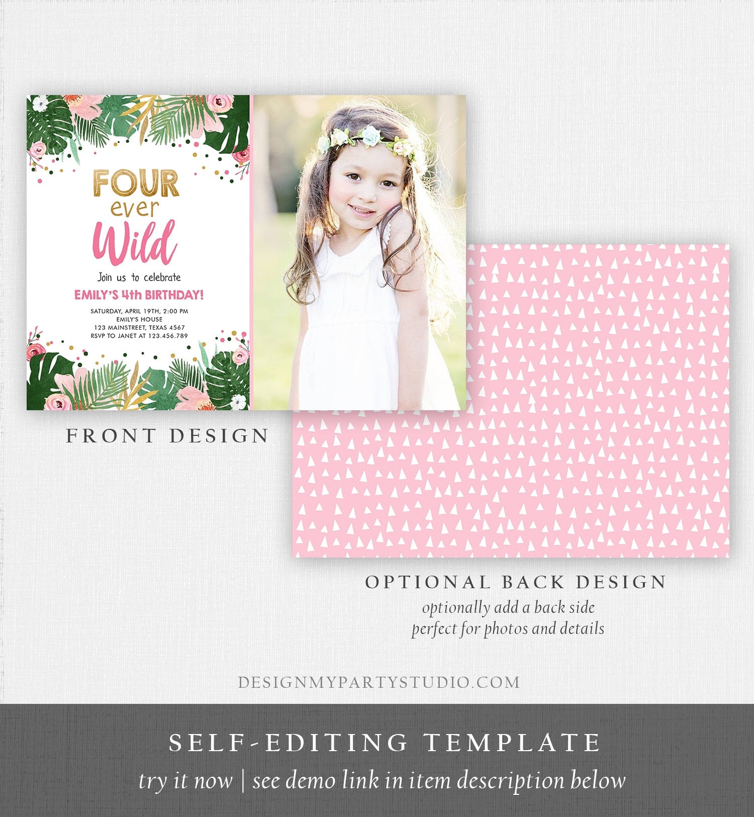 Editable Fourever Wild Birthday Invitation Tropical Safari Zoo Jungle Pink Gold Girl Fourth Birthday 4th Four Ever Wild Corjl Template 0332