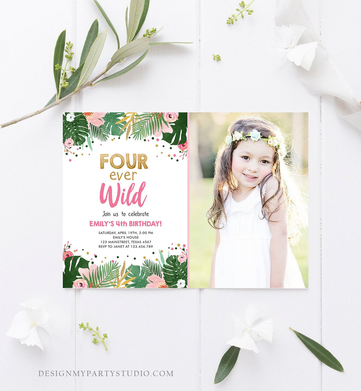 Editable Fourever Wild Birthday Invitation Tropical Safari Zoo Jungle Pink Gold Girl Fourth Birthday 4th Four Ever Wild Corjl Template 0332