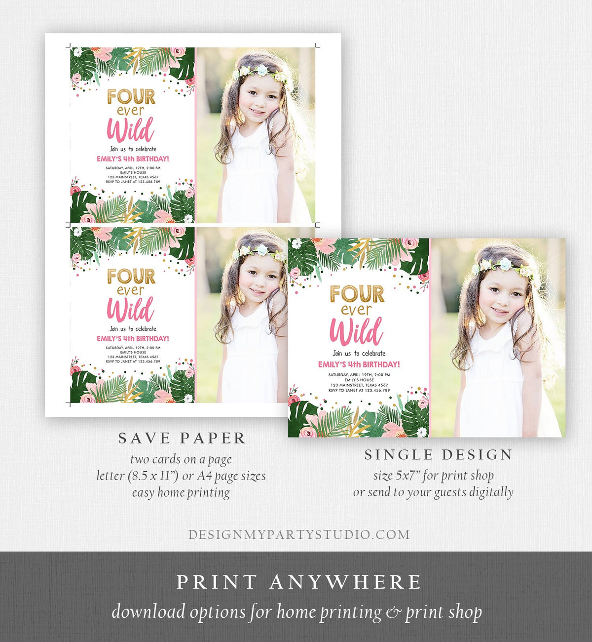 Editable Fourever Wild Birthday Invitation Tropical Safari Zoo Jungle Pink Gold Girl Fourth Birthday 4th Four Ever Wild Corjl Template 0332