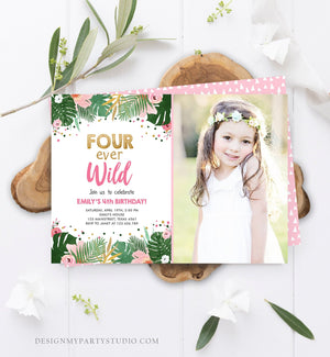 Editable Fourever Wild Birthday Invitation Tropical Safari Zoo Jungle Pink Gold Girl Fourth Birthday 4th Four Ever Wild Corjl Template 0332