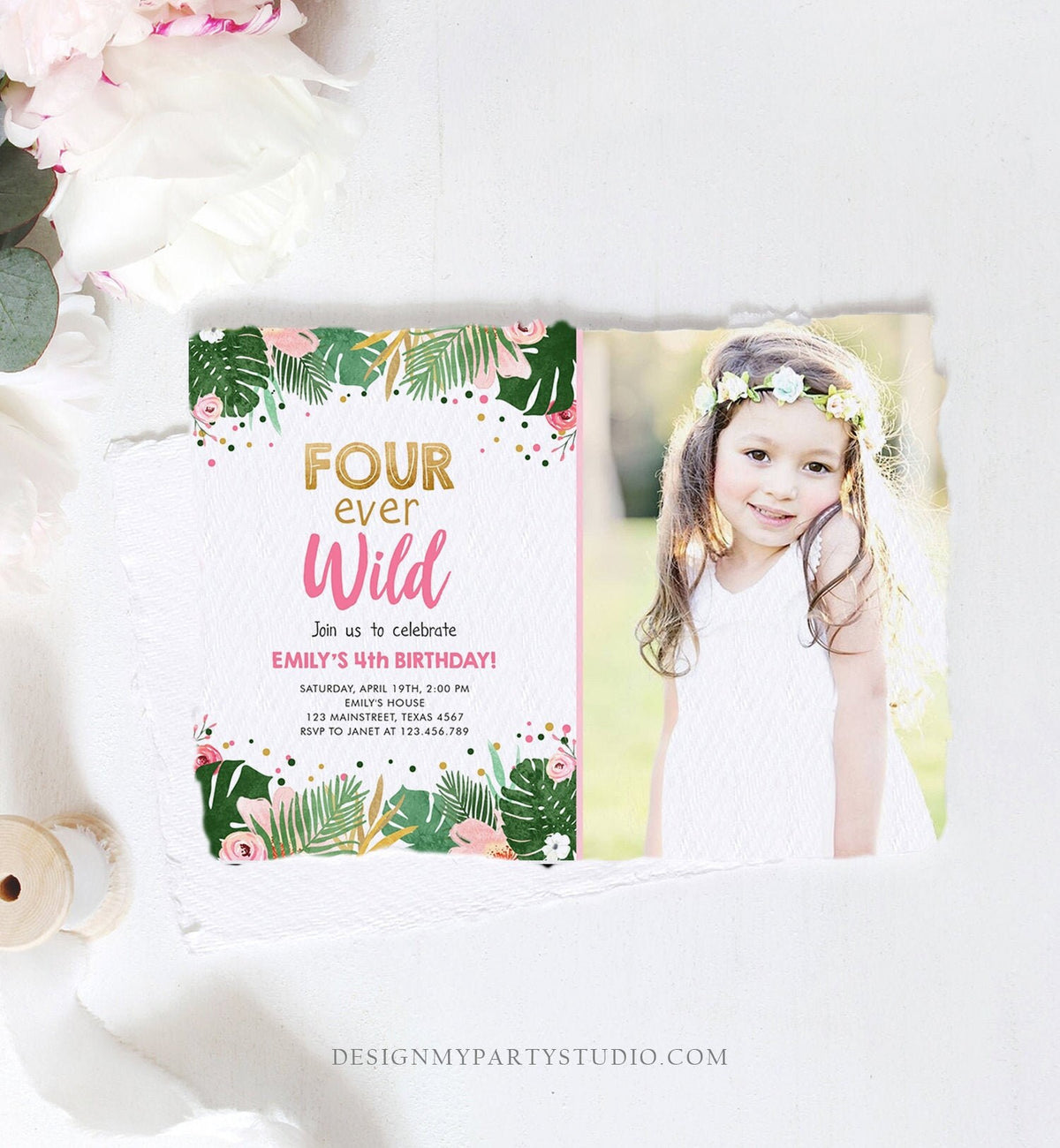 Editable Fourever Wild Birthday Invitation Tropical Safari Zoo Jungle Pink Gold Girl Fourth Birthday 4th Four Ever Wild Corjl Template 0332
