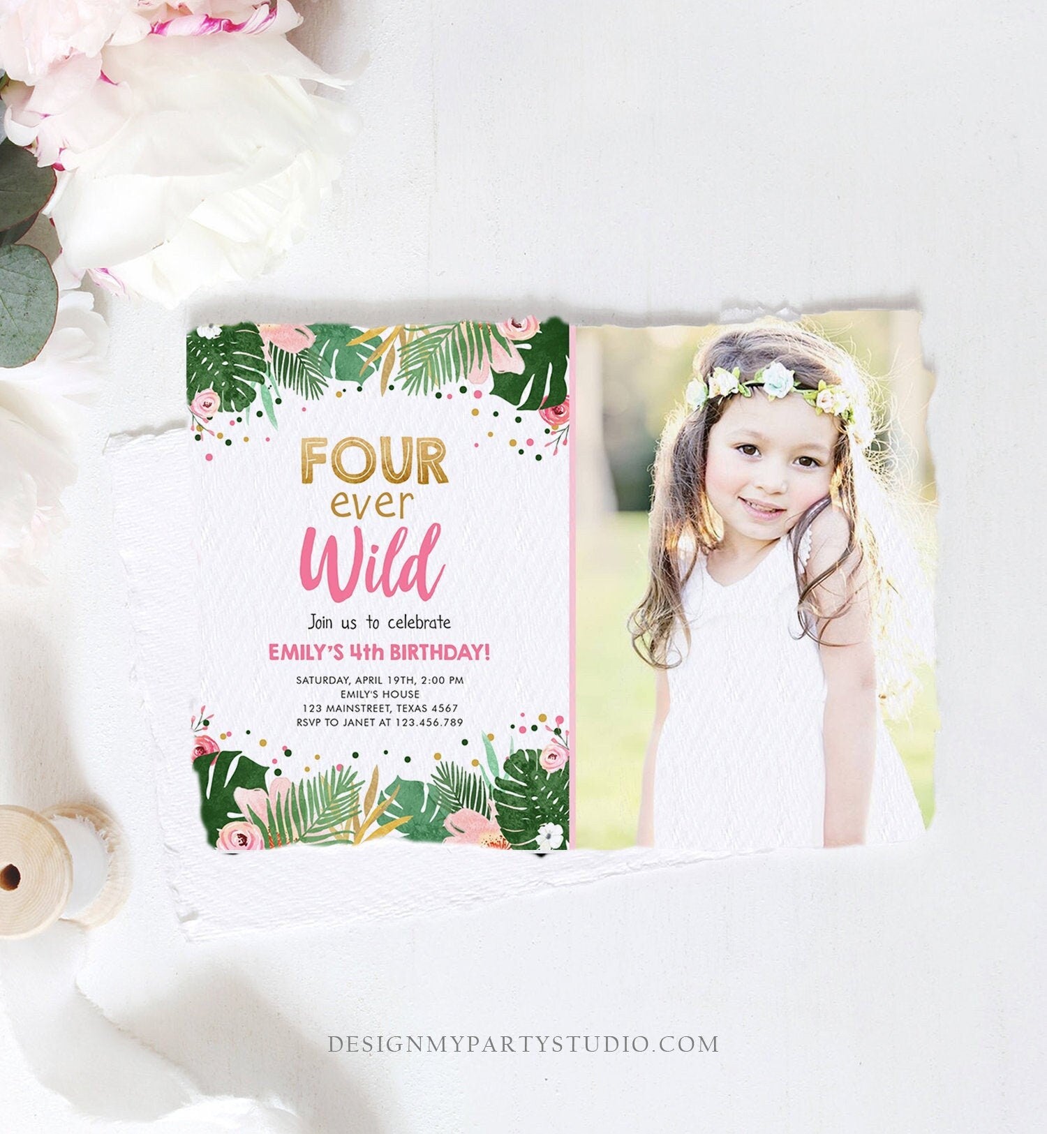 Editable Fourever Wild Birthday Invitation Tropical Safari Zoo Jungle Pink Gold Girl Fourth Birthday 4th Four Ever Wild Corjl Template 0332