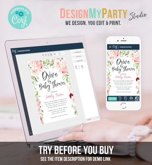 Editable Drive By Baby Shower Invitation Drive Through Social Distancing Peony Floral Botanical Couples Coed Shower Corjl Template 0168