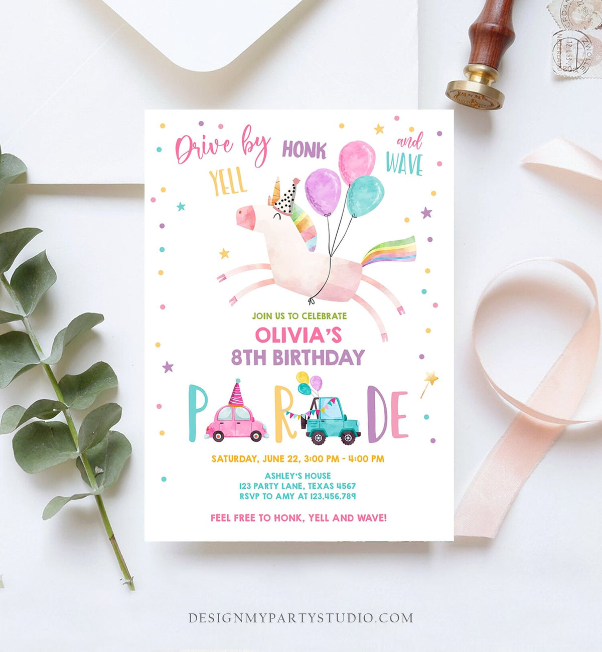 Editable Unicorn Drive By Birthday Parade Invitation Virtual Party Invite Honk Wave Car Girl Pink Quarantine Download Digital Corjl 0336