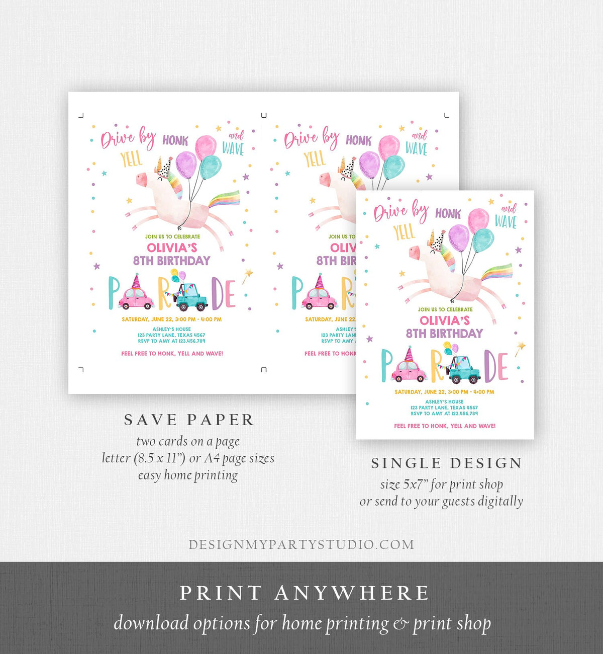 Editable Unicorn Drive By Birthday Parade Invitation Virtual Party Invite Honk Wave Car Girl Pink Quarantine Download Digital Corjl 0336