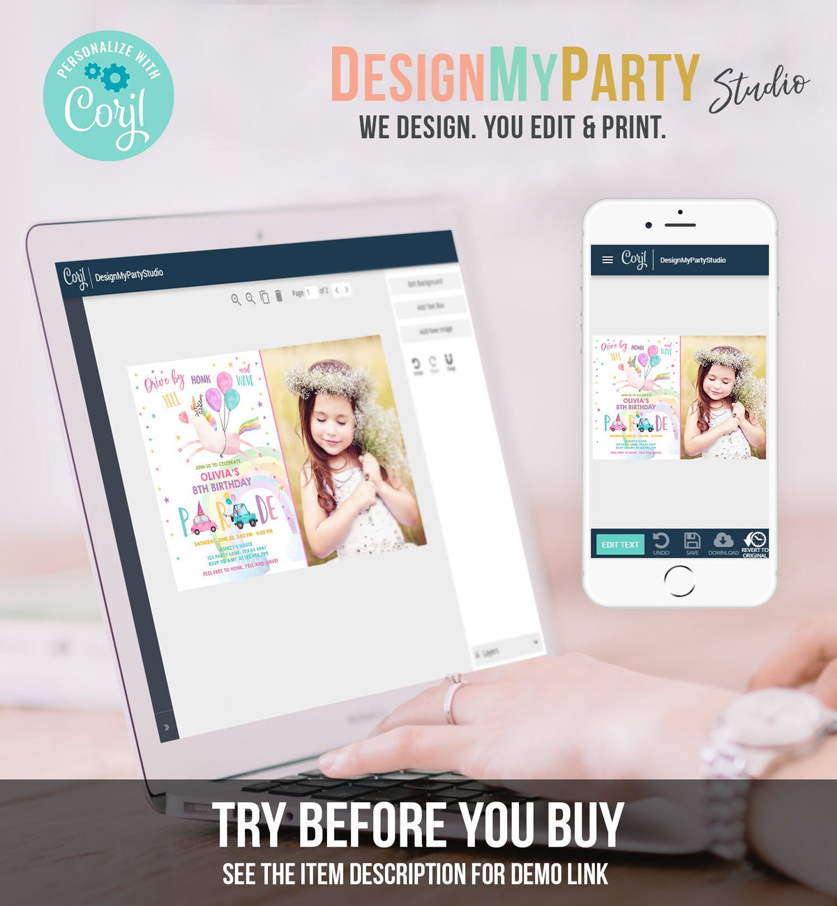 Editable Unicorn Drive By Birthday Parade Invitation Virtual Party Invite Honk Wave Car Girl Pink Quarantine Download Digital Corjl 0336