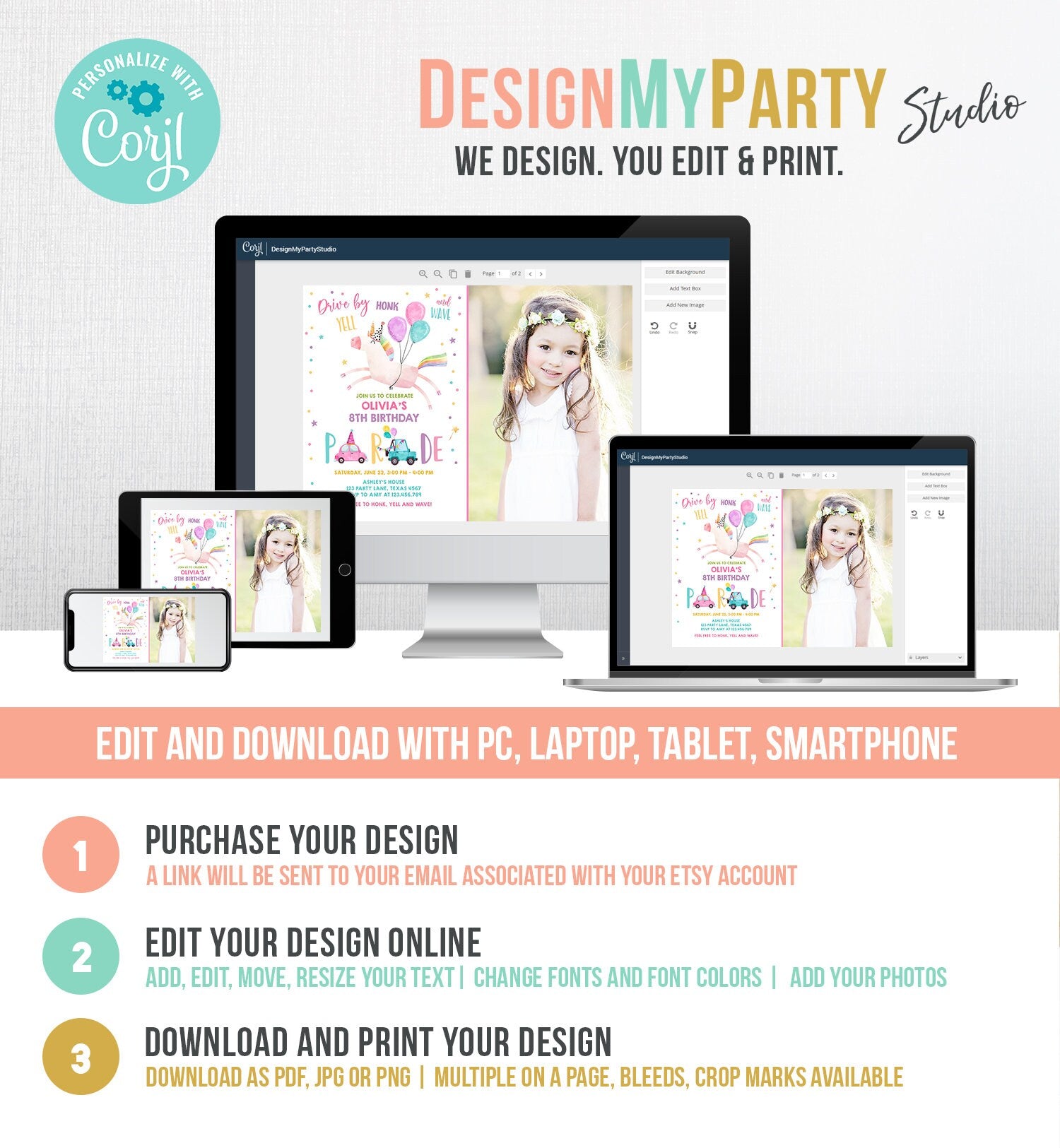 Editable Unicorn Drive By Birthday Parade Invitation Virtual Party Invite Honk Wave Car Girl Pink Quarantine Download Digital Corjl 0336