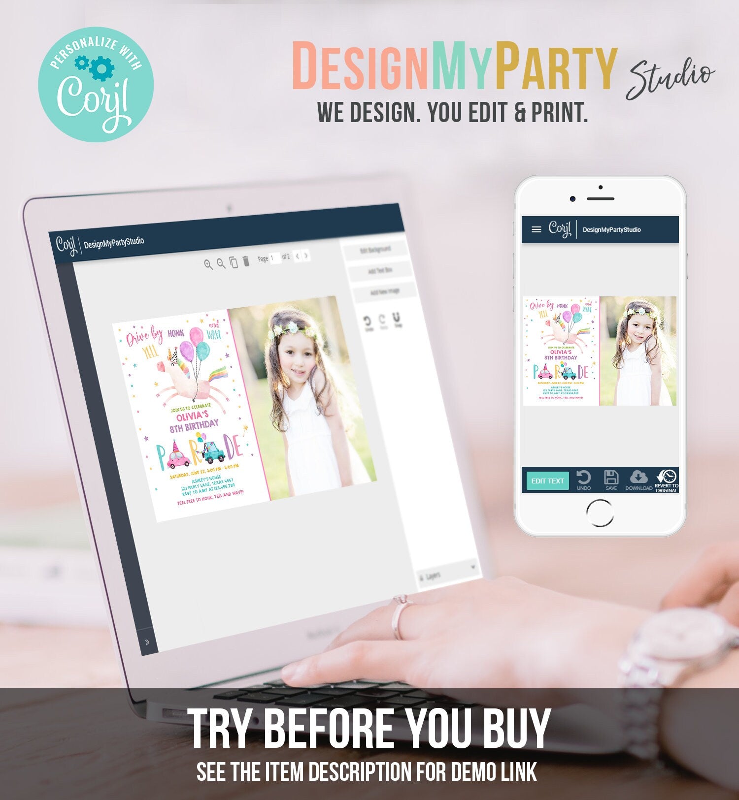 Editable Unicorn Drive By Birthday Parade Invitation Virtual Party Invite Honk Wave Car Girl Pink Quarantine Download Digital Corjl 0336