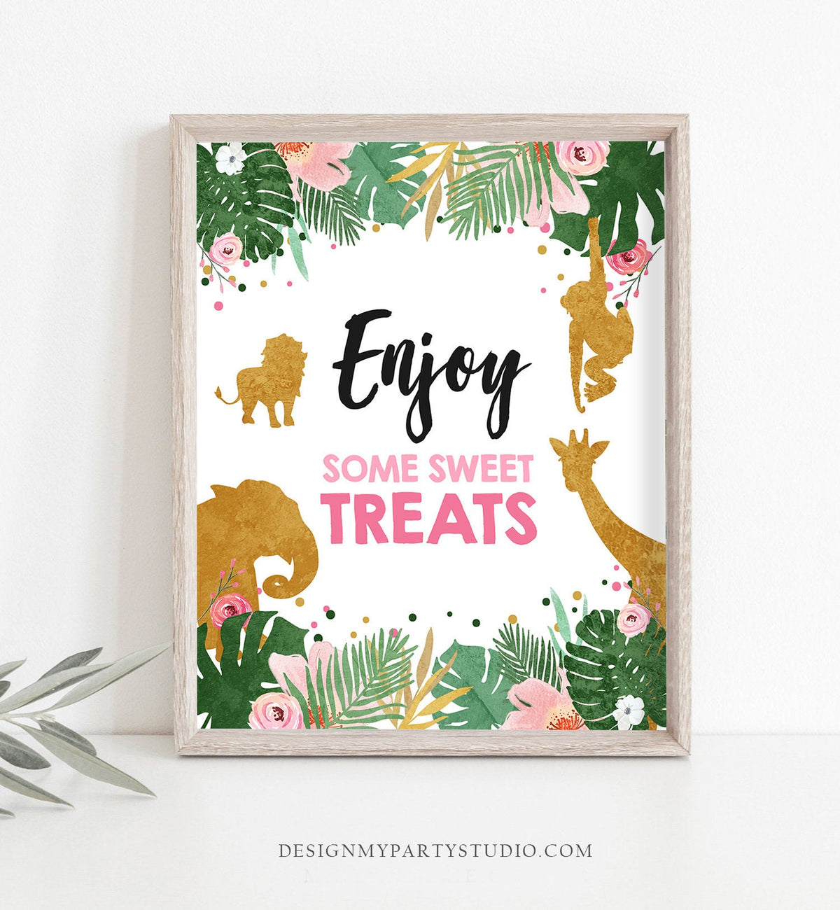 Enjoy Some Sweet Treats Birthday Sign Girl Safari Animals Party Wild One Snack Tropical Pink Gold Jungle Zoo Table Sign Decor Printable 0016