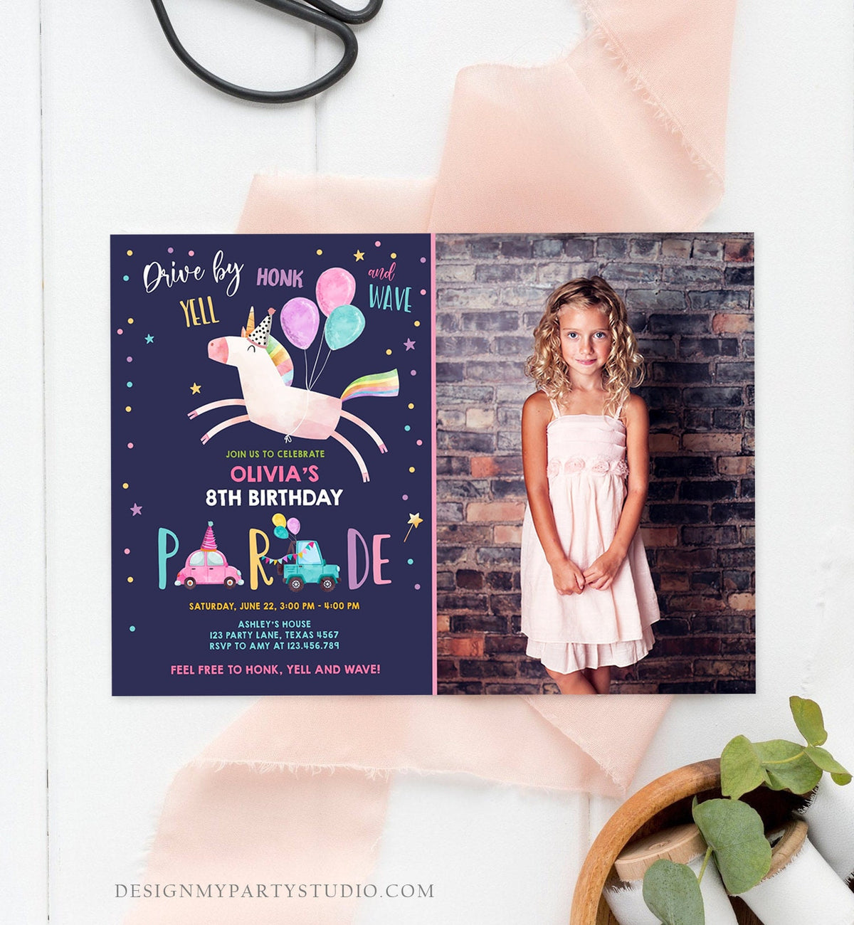 Editable Unicorn Drive By Birthday Parade Invitation Virtual Party Invite Honk Wave Car Girl Pink Purple Photo Quarantine Corjl Digital 0336