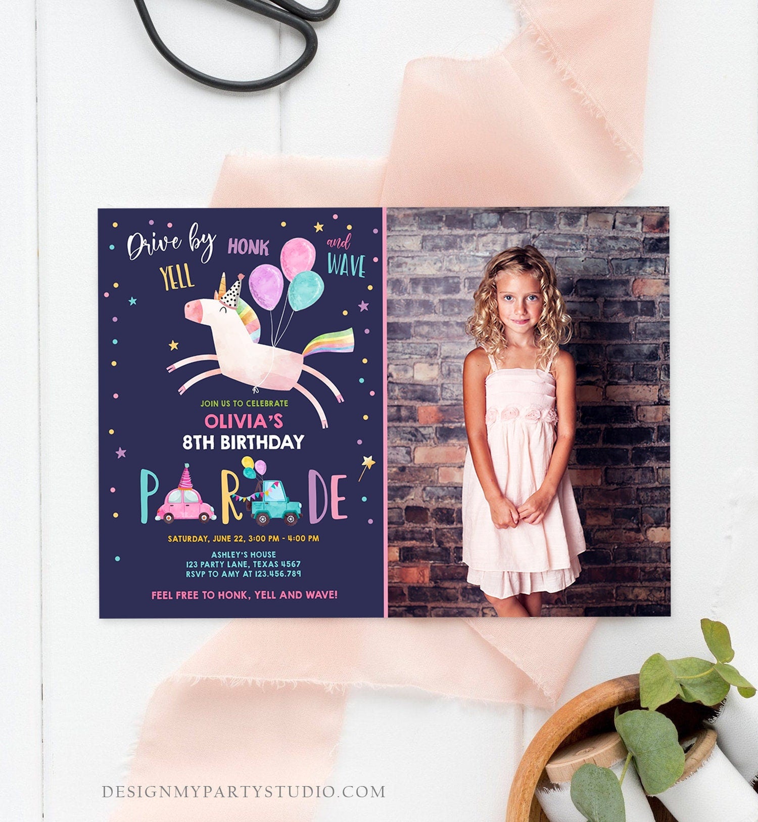 Editable Unicorn Drive By Birthday Parade Invitation Virtual Party Invite Honk Wave Car Girl Pink Purple Photo Quarantine Corjl Digital 0336