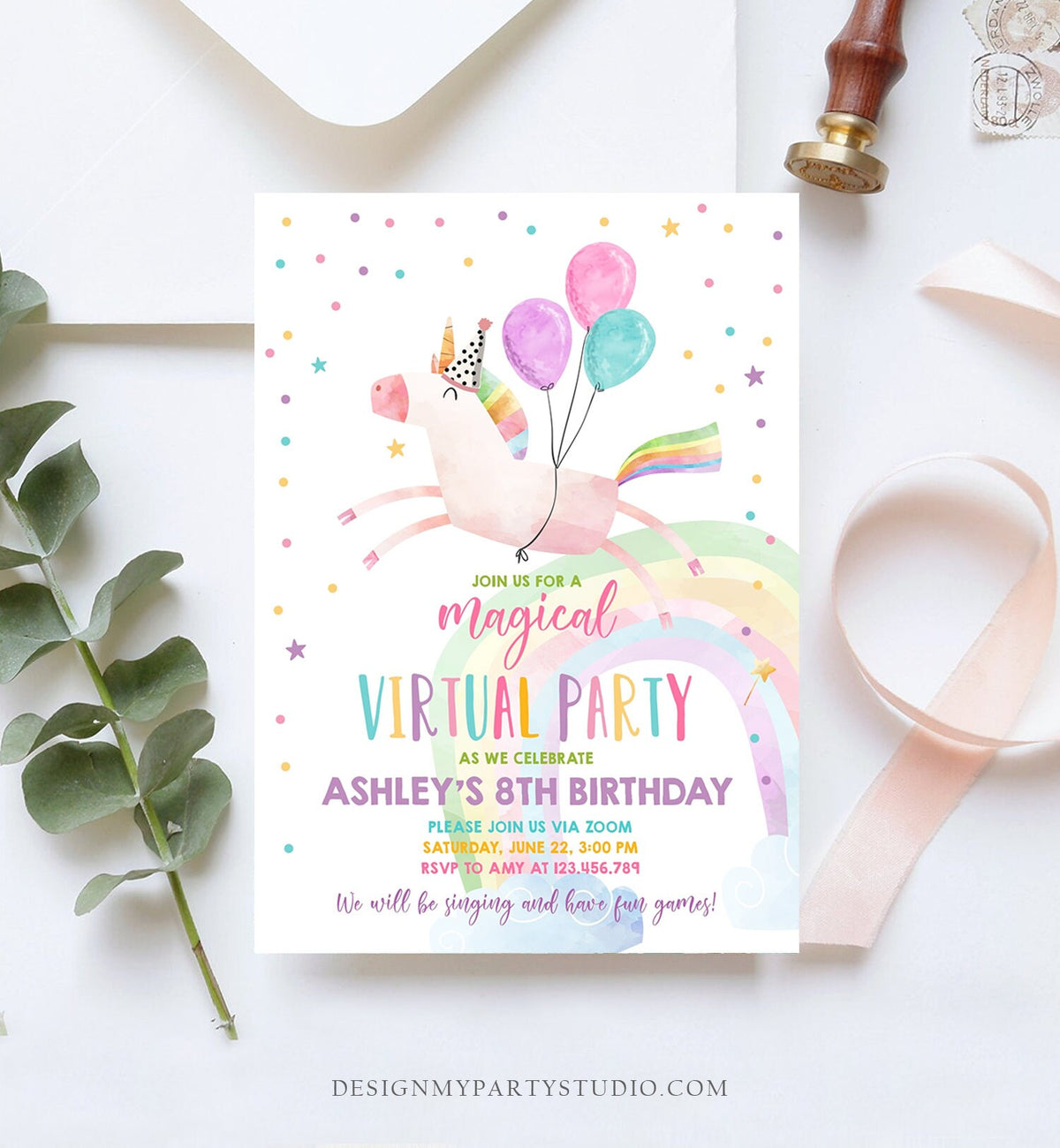 Editable Unicorn Virtual Birthday Party Invitation Virtual Party Invite Girl Pink Quarantine Birthday Zoom Download Digital Corjl 0336
