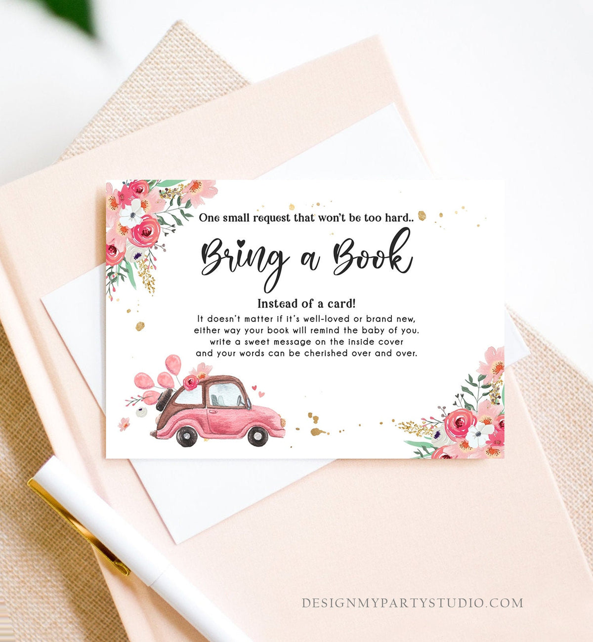 Editable Drive By Bring a Book Card Baby Shower Pink Floral Girl Drive Through Book Request Baby Book Insert Ticket Corjl Template 0335