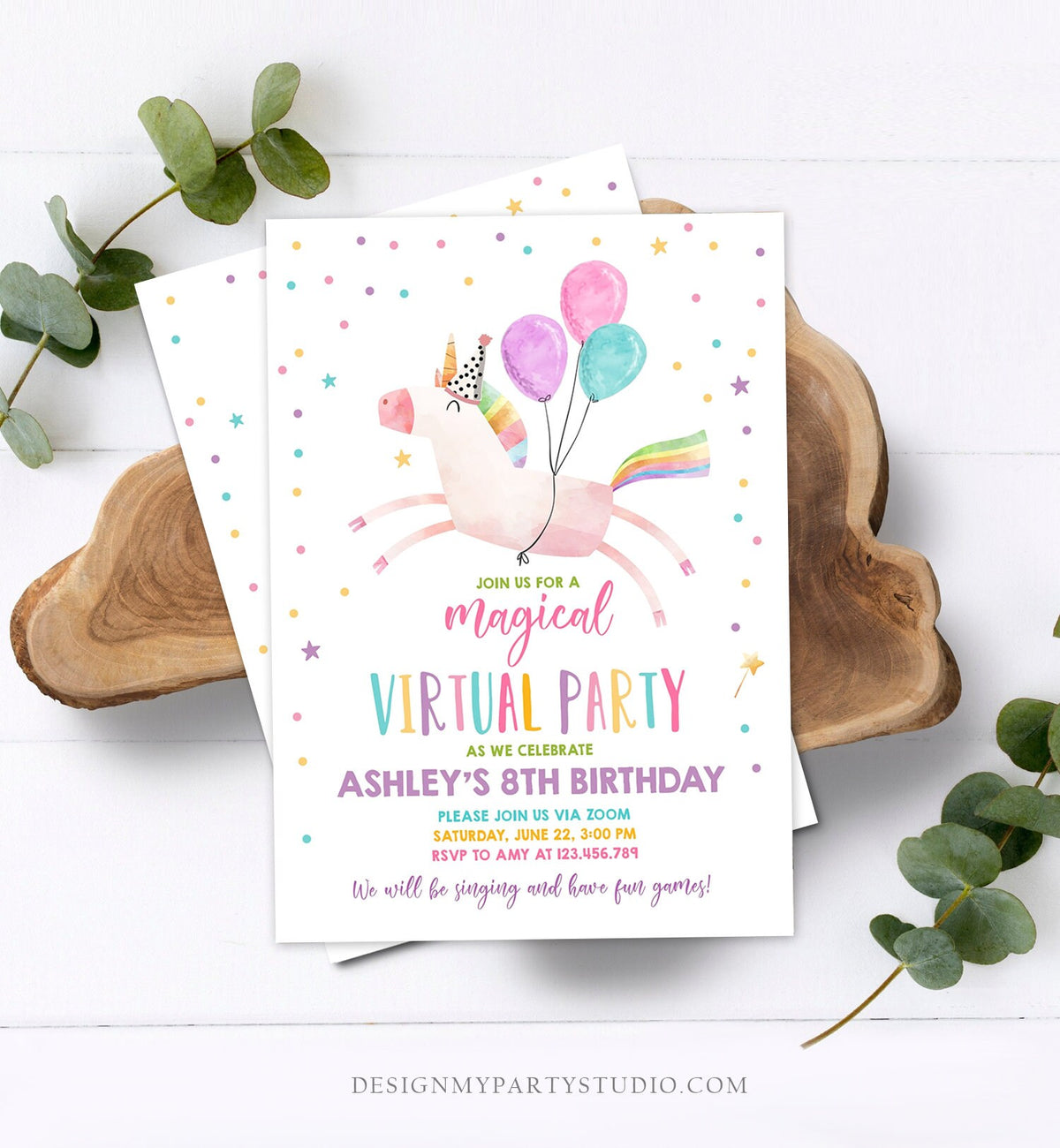 Editable Unicorn Virtual Birthday Party Invitation Virtual Party Invite Girl Pink Quarantine Birthday Zoom Download Digital Corjl 0336