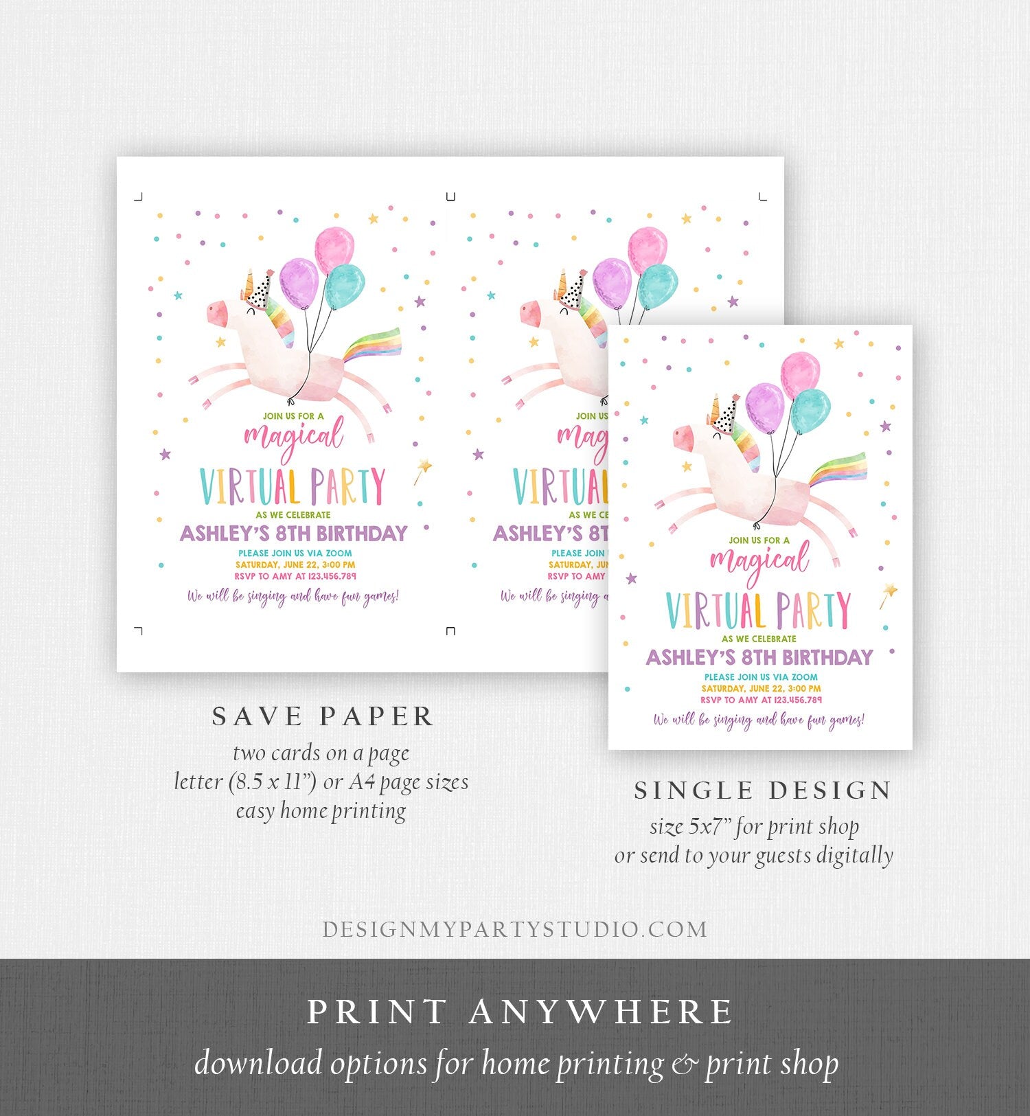 Editable Unicorn Virtual Birthday Party Invitation Virtual Party Invite Girl Pink Quarantine Birthday Zoom Download Digital Corjl 0336