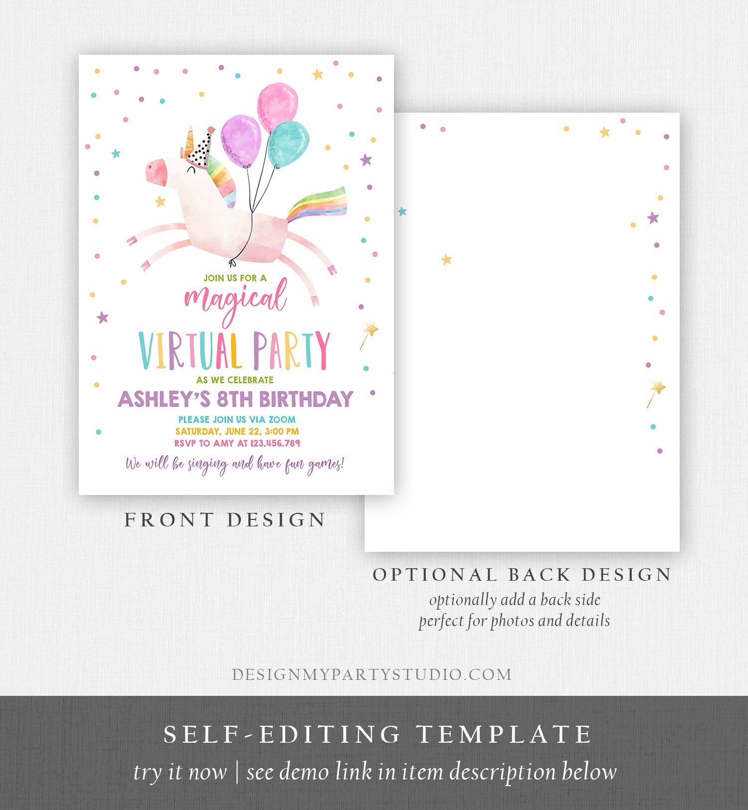 Editable Unicorn Virtual Birthday Party Invitation Virtual Party Invite Girl Pink Quarantine Birthday Zoom Download Digital Corjl 0336