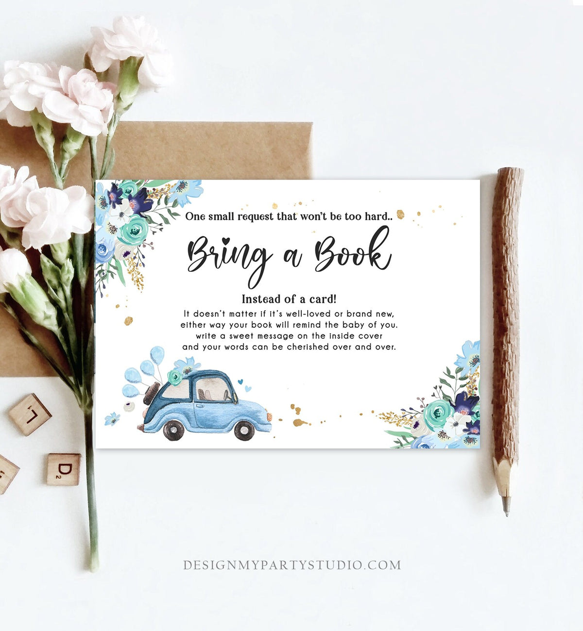Editable Drive By Bring a Book Card Baby Shower Navy Blue Floral Boy Drive Through Book Request Baby Book Insert Ticket Corjl Template 0335