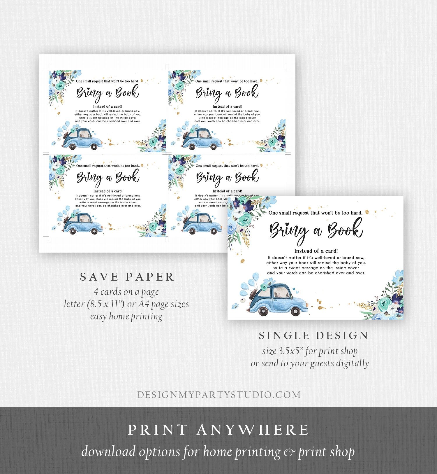 Editable Drive By Bring a Book Card Baby Shower Navy Blue Floral Boy Drive Through Book Request Baby Book Insert Ticket Corjl Template 0335