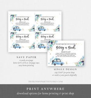 Editable Drive By Bring a Book Card Baby Shower Navy Blue Floral Boy Drive Through Book Request Baby Book Insert Ticket Corjl Template 0335