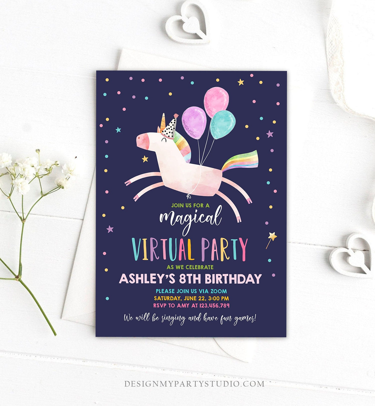 Editable Unicorn Virtual Birthday Party Invitation Virtual Party Invite Girl Pink Quarantine Birthday Zoom Download Digital Corjl 0336