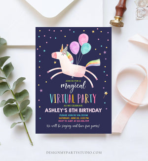 Editable Unicorn Virtual Birthday Party Invitation Virtual Party Invite Girl Pink Quarantine Birthday Zoom Download Digital Corjl 0336
