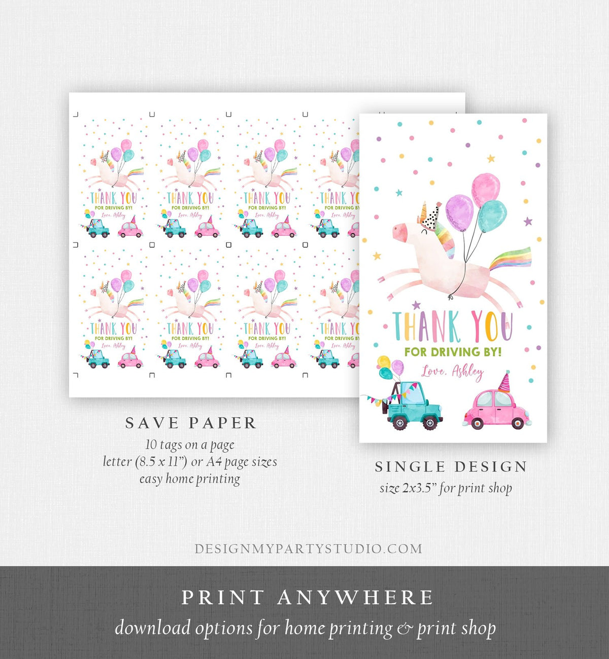 Editable Unicorn Favor Tag Drive By Birthday Favors Party Parade Magical Rainbow Thank You Gift Tags Pink Girl Corjl Template Printable 0336