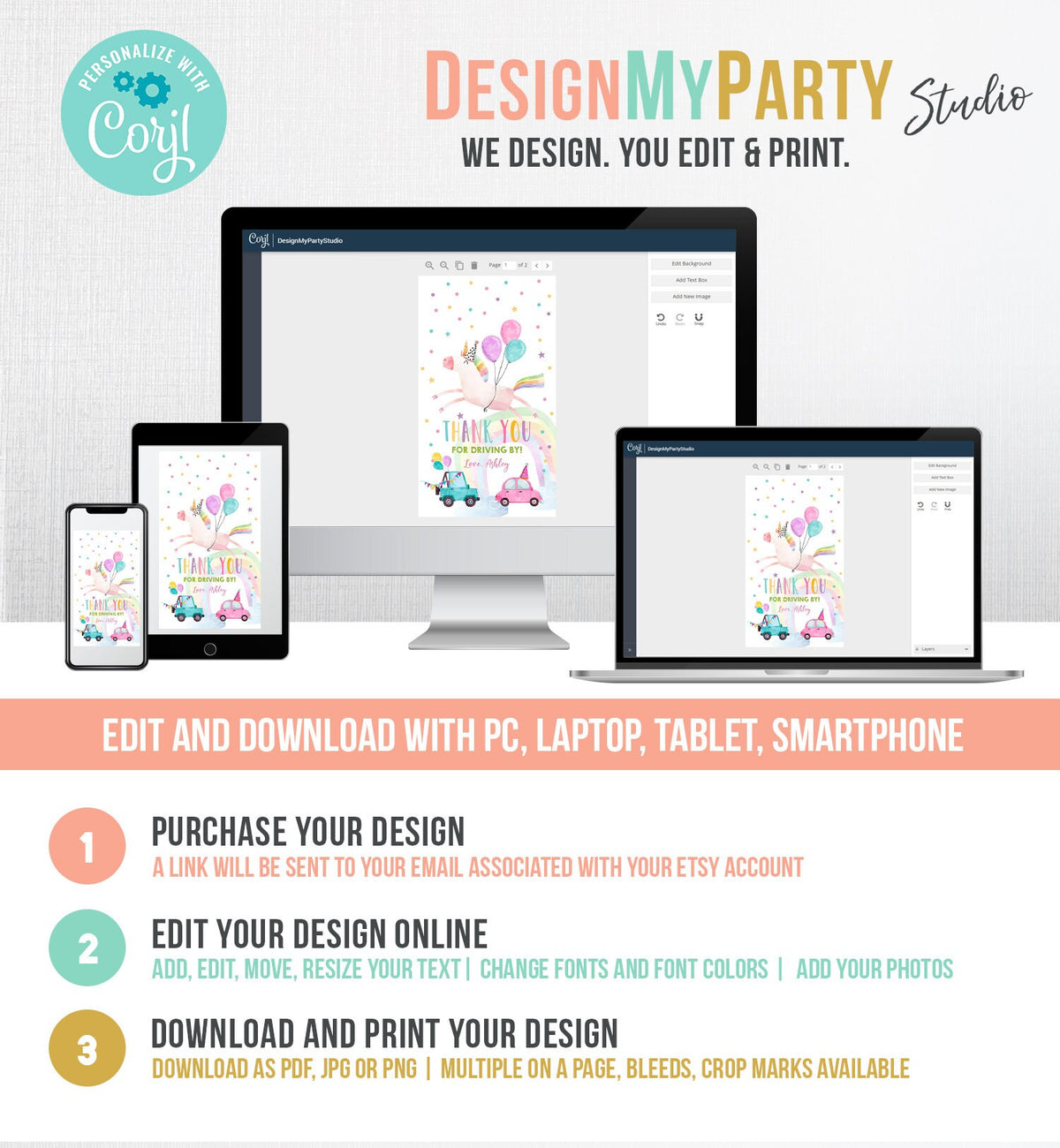 Editable Unicorn Favor Tag Drive By Birthday Favors Party Parade Magical Rainbow Thank You Gift Tags Pink Girl Corjl Template Printable 0336