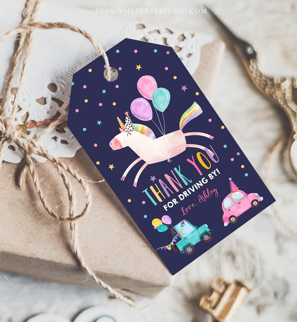 Editable Unicorn Favor Tag Drive By Birthday Favors Party Parade Magical Rainbow Thank You Gift Tags Pink Girl Corjl Template Printable 0336
