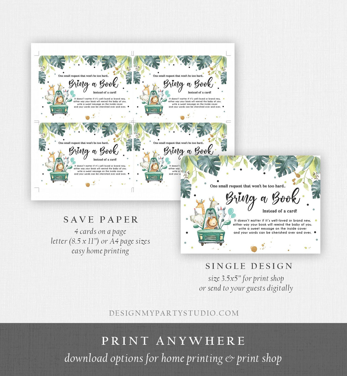 Editable Drive By Bring a Book Card Baby Shower Safari Animals Navy Blue Floral Boy Drive Through Request Insert Ticket Corjl Template 0345