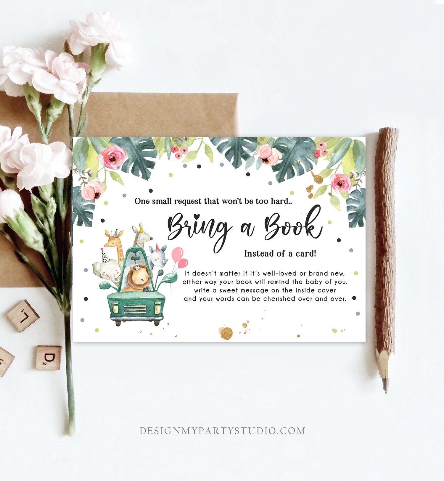 Editable Drive By Bring a Book Card Baby Shower Safari Animals Pink Floral Girl Drive Through Request Insert Ticket Corjl Template 0345