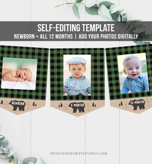 Editable Lumberjack First Birthday Banner Monthly Photo Banner Bear Green Buffalo Plaid Party Decor Download Corjl Template Printable 0026