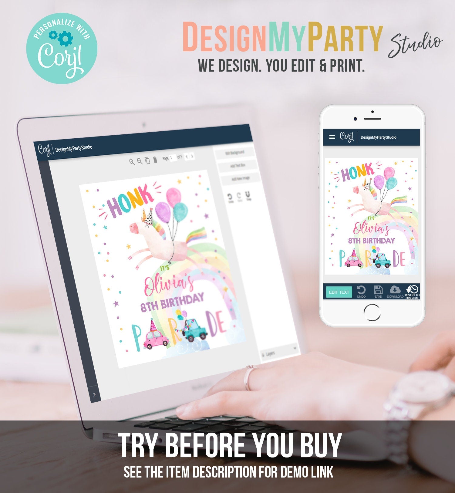 Editable Unicorn Drive By Birthday Sign Rainbow Girl Quarantine Party Poster Honk Birthday Parade Sign Pink Template PRINTABLE Corjl 0336