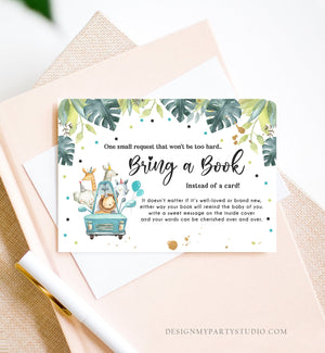 Editable Drive By Bring a Book Card Baby Shower Safari Animals Navy Blue Floral Boy Drive Through Request Insert Ticket Corjl Template 0345
