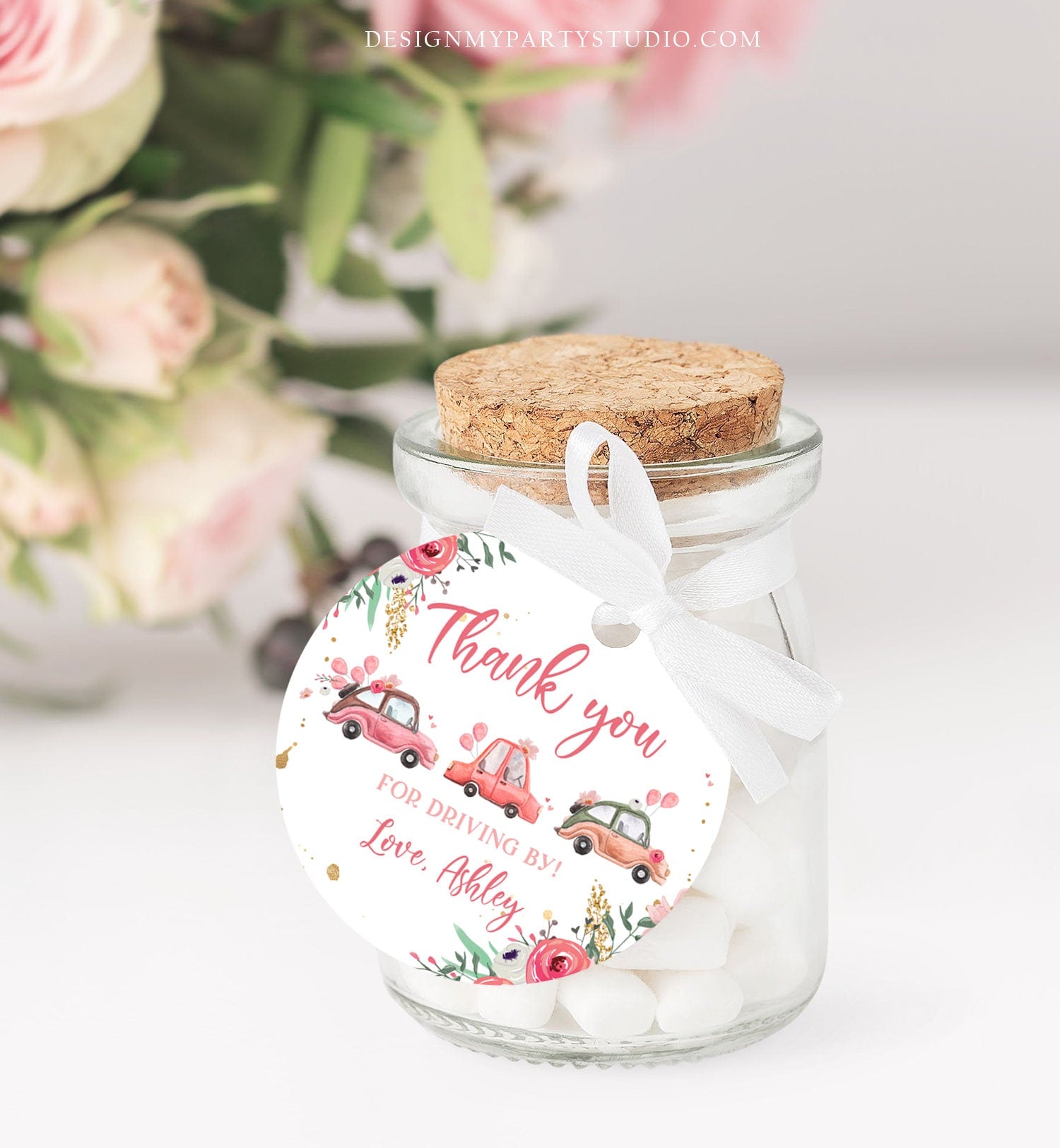 Editable Drive By Favor Tag Thank You Driving By Baby Shower Birthday Parade Gift Tags Quarantine Pink Floral Car Girl Corjl Template 0335