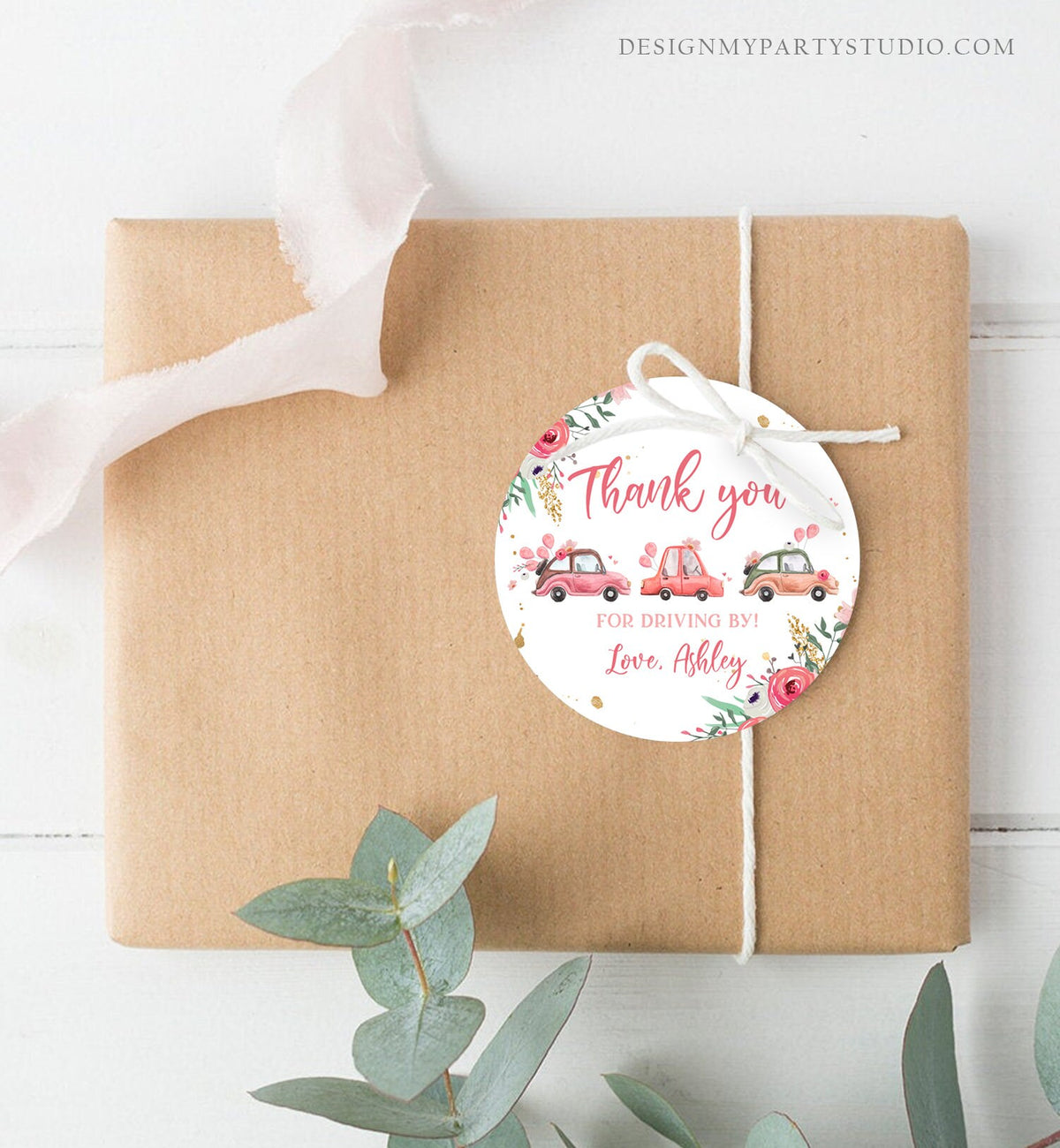 Editable Drive By Favor Tag Thank You Driving By Baby Shower Birthday Parade Gift Tags Quarantine Pink Floral Car Girl Corjl Template 0335