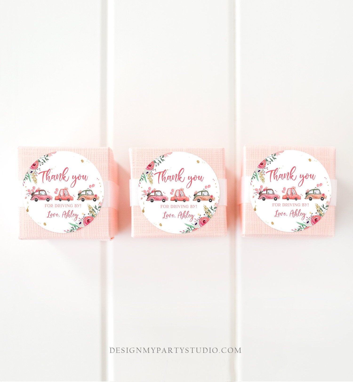 Editable Drive By Favor Tag Thank You Driving By Baby Shower Birthday Parade Gift Tags Quarantine Pink Floral Car Girl Corjl Template 0335