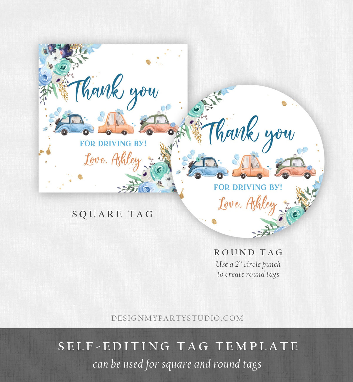 Editable Drive By Favor Tag Thank You Driving By Baby Shower Birthday Parade Gift Tags Quarantine Blue Floral Car Girl Corjl Template 0335